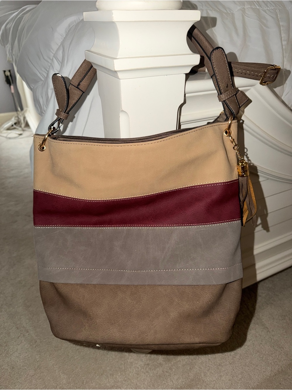 Canvas & Leather Colorblock Hobo Bag - Tan, Beige & Burgundy